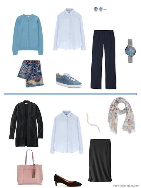 2 ways to wear a blue linen shirt from a Tote Bag Travel wardrobe in black, white and pastels