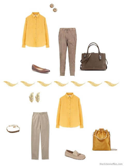2 ways to wear a bright yellow shirt from a Tote Bag Travel Capsule Wardrobe