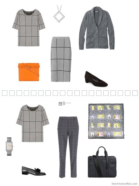 2 ways to wear a grey grid knit top in a Tote Bag Travel capsule wardrobe 