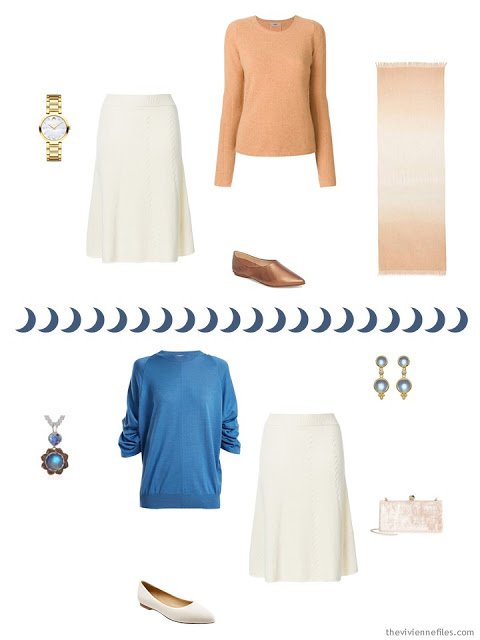 2 ways to wear an ivory knit skirt from a Tote Bag Travel capsule wardrobe