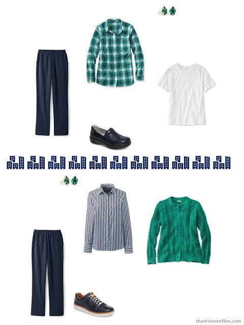 2 ways to wear green with navy and white from a travel capsule wardrobe