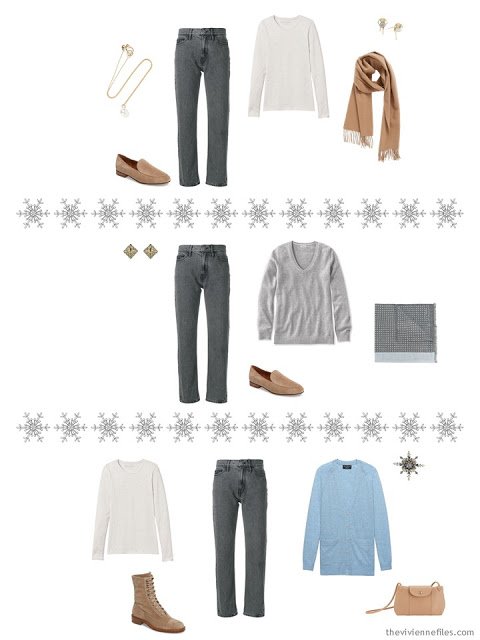 three outfits from a winter travel capsule wardrobe in camel, grey and blue