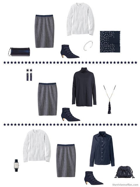 3 outfits from a navy and white cool weather travel capsule wardrobe