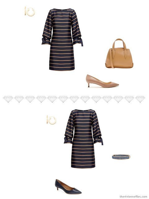 2 ways to accessorize a navy and tan striped dress for business