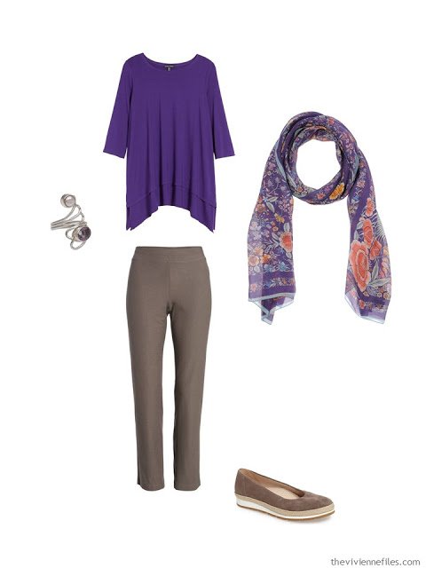 wearing an ultraviolet tunic with rye pants