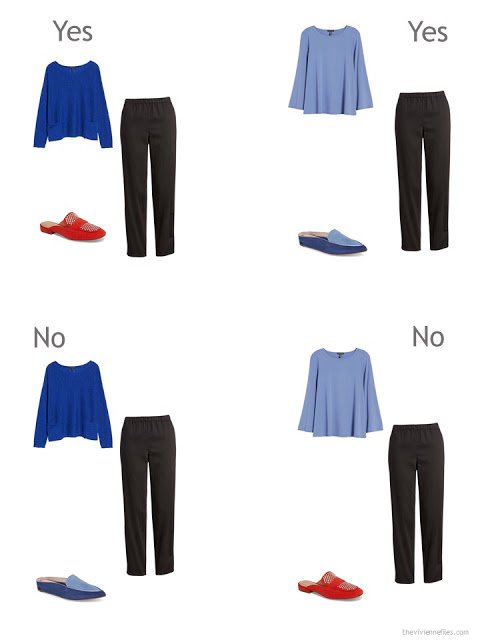 4 outfits to illustrate compatibility of accent colors