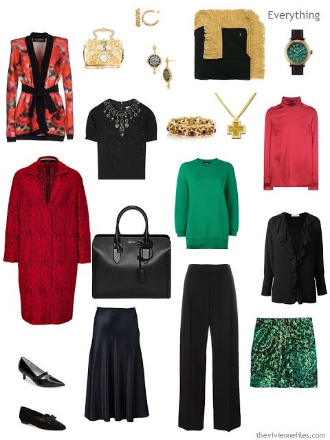 travel wardrobe in black, red and green