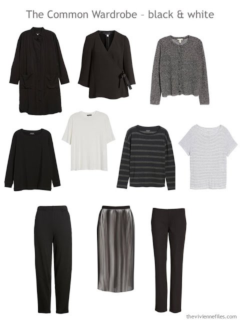 A black and white 10-piece Common Wardrobe from Eileen Fisher