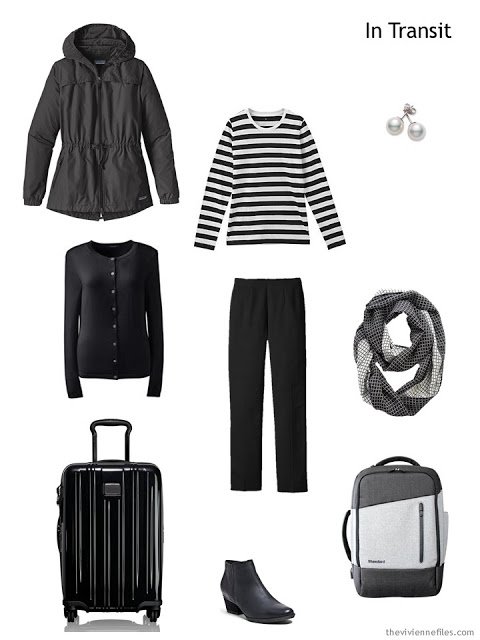 travel outfit in black and white, for cold weather