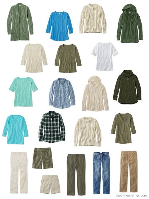 a casual wardrobe in olive, beige and shades of blue and green