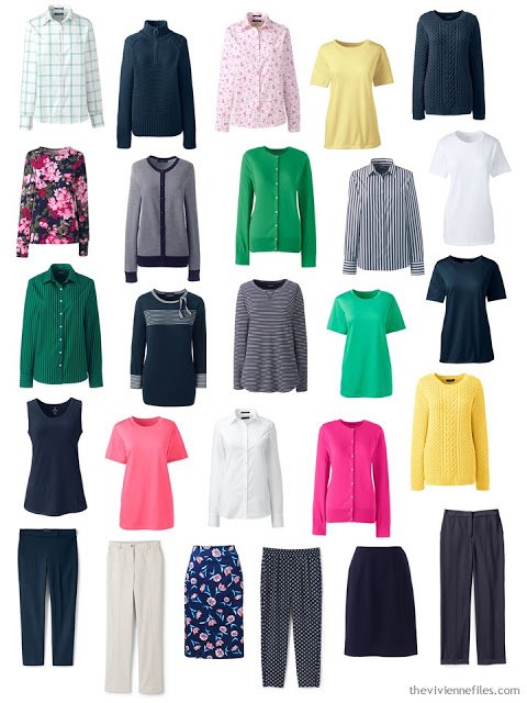 capsule wardrobe for spring, in navy with brights