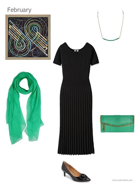 a black dress with green accessories