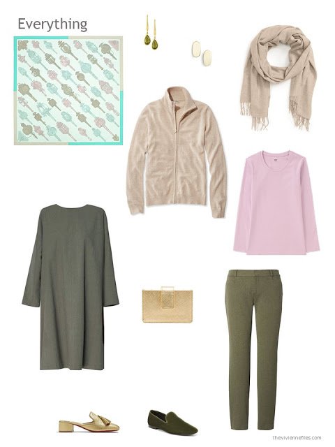 a 4-piece capsule wardrobe based on olive green