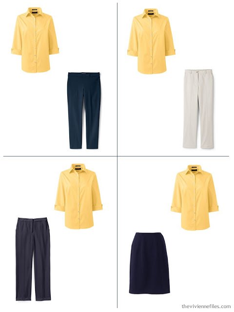 adding a yellow shirt to a spring capsule wardrobe