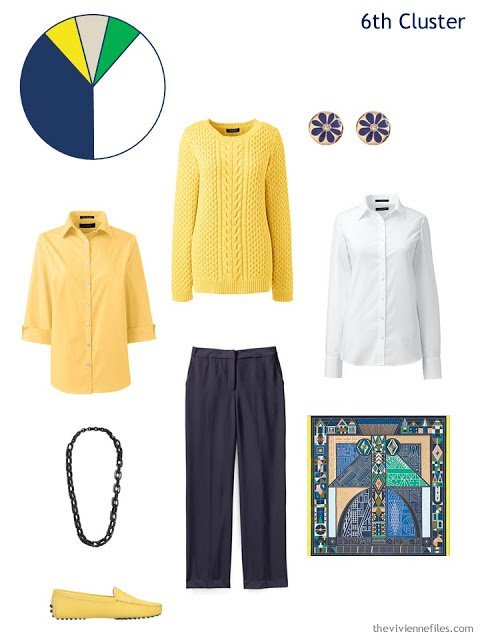 A spring wardrobe cluster in navy and yellow