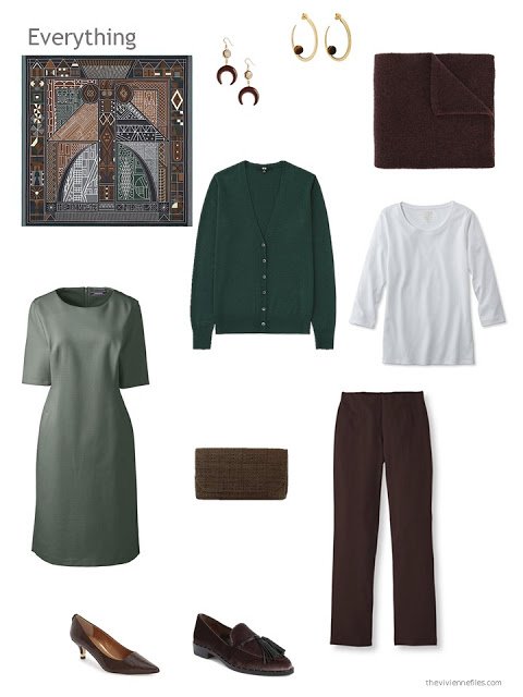 a 4-piece capsule wardrobe based on brown and green