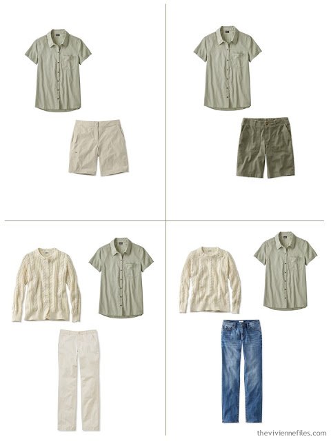 adding a sage green camp shirt to a leisure wardrobe