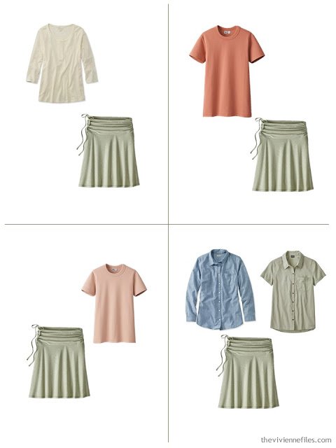 adding a sage green skirt to a leisure wardrobe