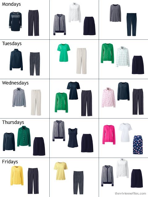 3 weeks of outfits from a spring capsule wardrobe in navy and brights