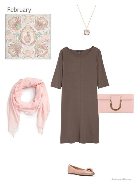 a brown dress with blush accessories