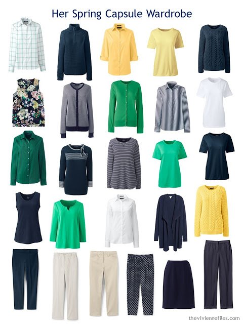 a Spring Capsule wardrobe in navy and white with beige, yellow and green