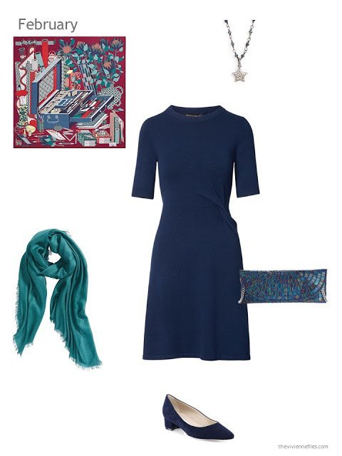 a navy dress with teal accessories