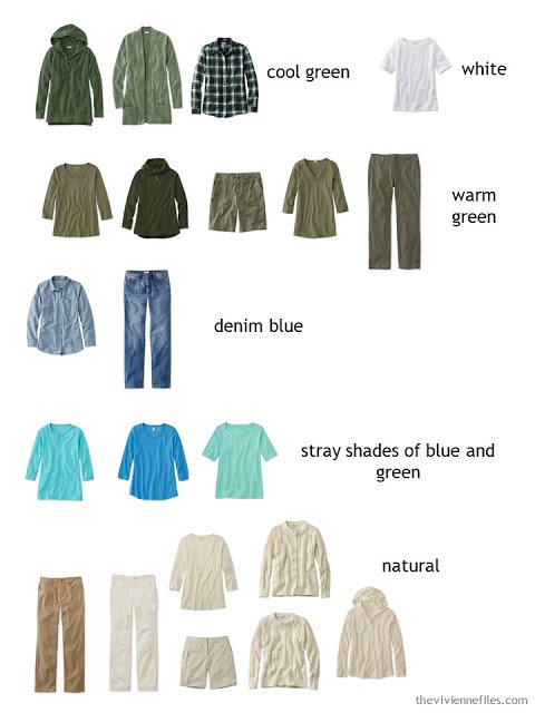 a casual wardrobe in olive, beige and shades of blue and green sorted by color