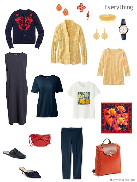 Tote Bag Travel Capsule Wardrobe in navy and yellow with red and orange accents