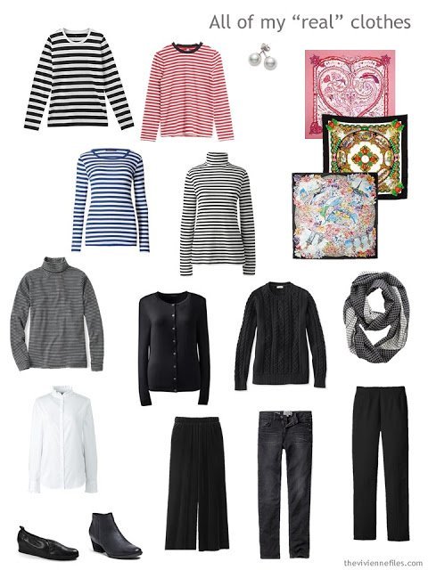 travel capsule wardrobe in black with lots of stripes, for cool weather