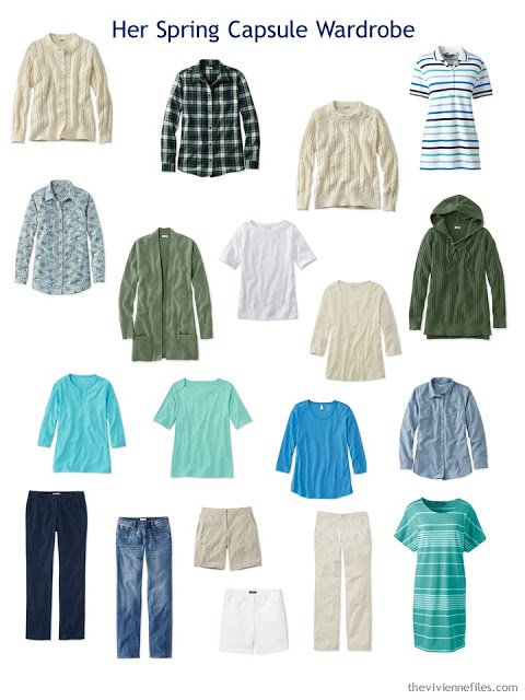 Spring wardrobe in beige and blue, with shades of green