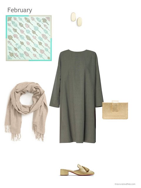 a green dress with beige and gold accessories