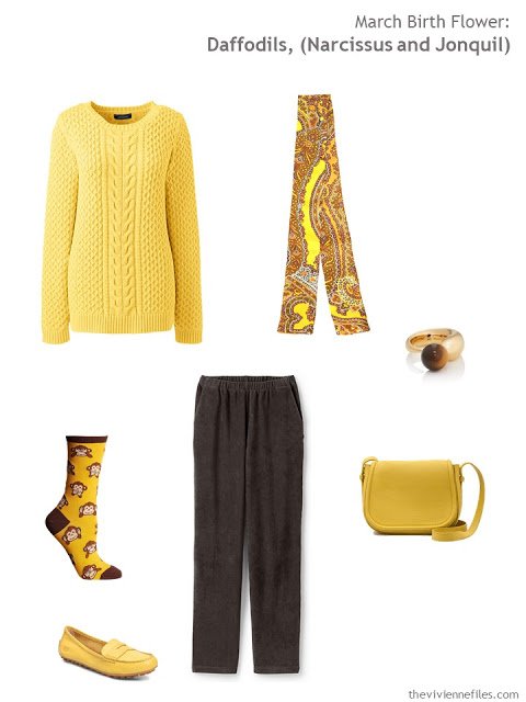 wearing daffodil yellow with brown