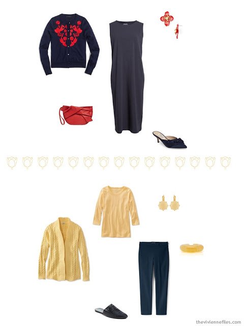 2 outfits from a Tote Bag Travel Capsule wardrobe in navy with red, orange and yellow accents
