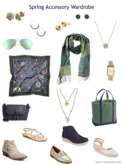 Spring accessory wardrobe in navy and beige with green accents