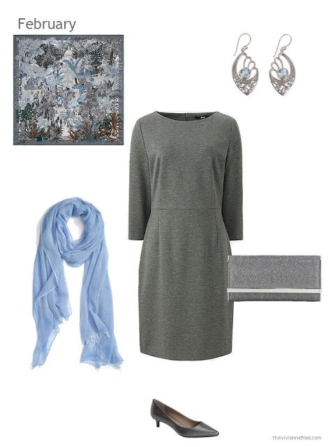 a grey dress with light blue and grey accessories