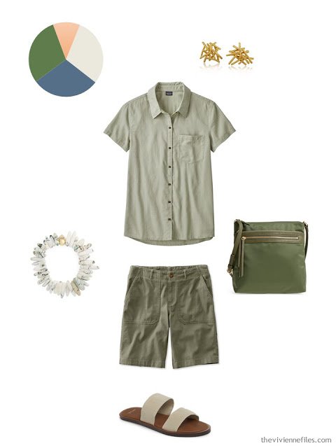 sage shirt and olive shorts