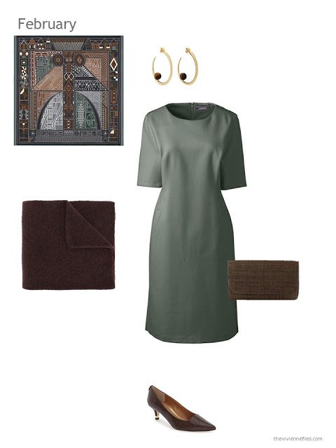 a green dress with brown accessories