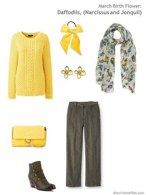 wearing daffodil yellow with moss green