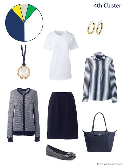 a spring wardrobe cluster around a navy skirt