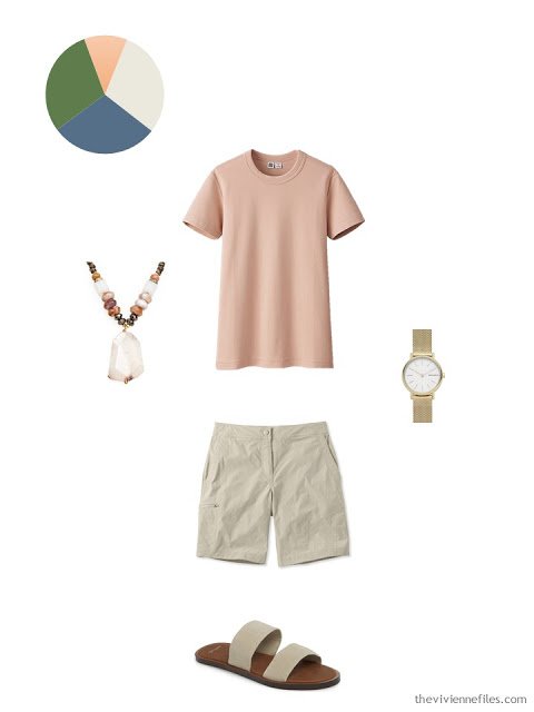 apricot tee shirt with khaki shorts