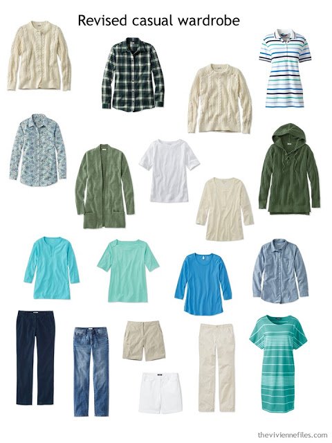 casual wardrobe in beige and cool green with blue and green accents