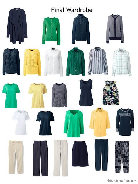 spring capsule wardrobe in navy and white with yellow and green accents