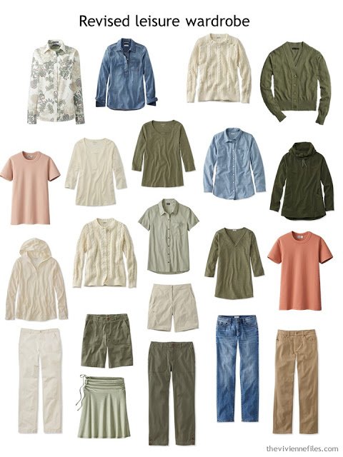 updated leisure wardrobe in olive and beige with denim and apricot