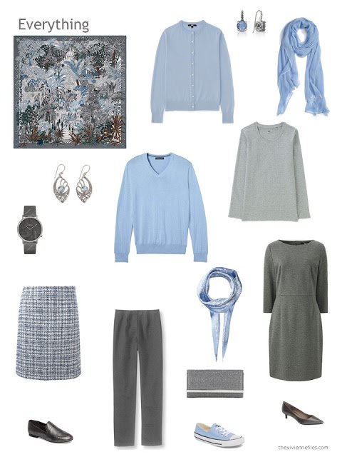 capsule wardrobe in shades of grey with blue accents