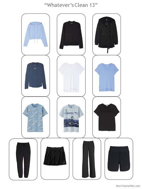 Whatever's Clean 13-piece sports wardrobe in black, blue and white