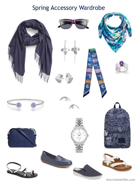 Spring Accessory Travel Capsule Wardrobe for a navy, teal, lavender and white wardrobe