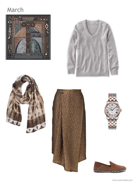 grey sweater with brown brocade skirt