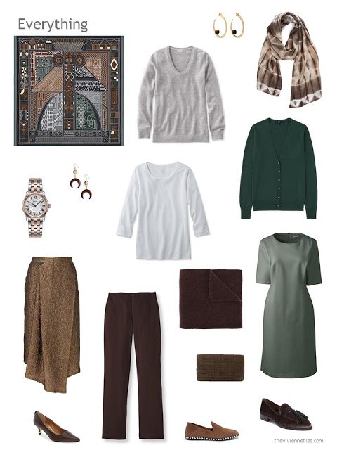 capsule wardrobe in browns with green, grey and white accents