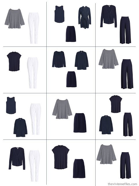 12 outfits from a 10-piece Common Wardrobe in navy and white