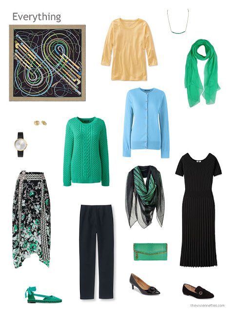 capsule wardrobe in black with green, yellow and blue